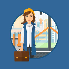 Poster - Woman traveling by public transport. Young woman standing inside public transport. Woman traveling by passenger bus or subway. Vector flat design illustration in the circle isolated on background.