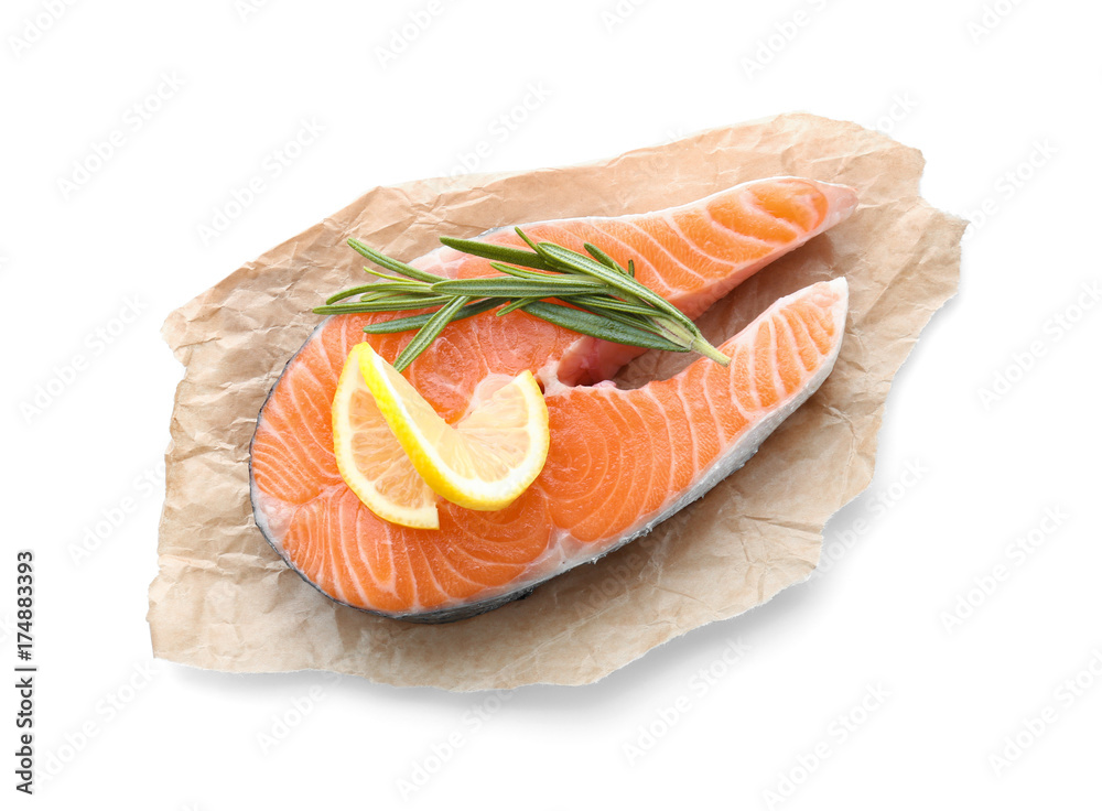 Fresh salmon steak on white background