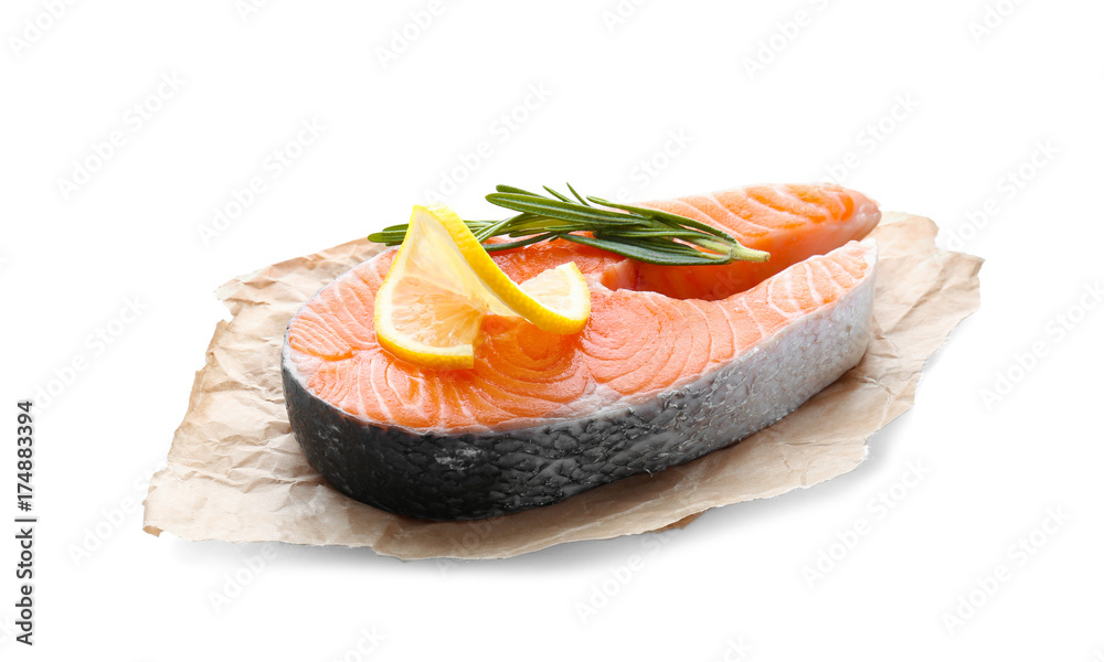 Fresh salmon steak on white background