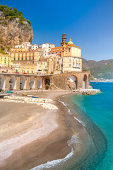 Morning view of Amalfi cityscape on coast line of mediterranean sea, Italy