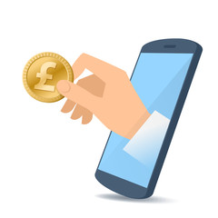 A human hand from the mobile phone screen holding a pound coin. Money, banking, online payment, buying, electronic business concept. Flat illustration of hand, phone, pound. Vector material design.