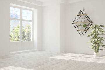 White empty room with summer landscape in window. Scandinavian interior design. 3D illustration