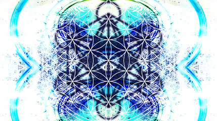 Fototapete - Light merkaba and Flower of life on abstract color background and fractal structure. Sacred geometry.