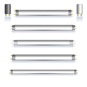 Set of fluorescent lamps with mirror reflection, vector illustration.
