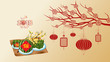 Cooked square glutinous rice cake and blossom, wallpapers. Vietnamese new year. (Translation 
