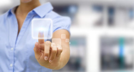 Wall Mural - Businesswoman surfing on internet with digital tactile interface 3D rendering