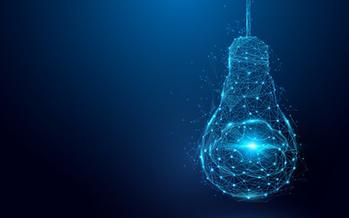 Aufkleber - Brain in a lightbulb from lines and triangles, point connecting network on blue background. Illustration vector