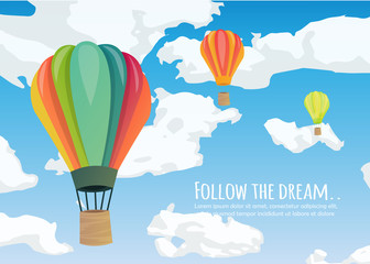  Hot air balloon in the sky with clouds. Flat cartoon design. Vector illustration