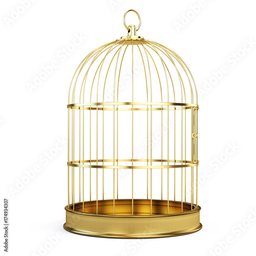 Fotografie, Obraz Golden bird cage isolated on white background. 3d illustration