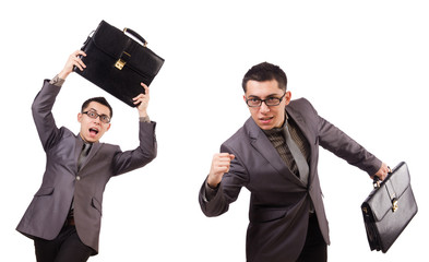 Canvas Print - Young man holding briefcase isolated on white