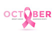 October breast cancer emblem sign for awareness month with pink ribbon symbol.