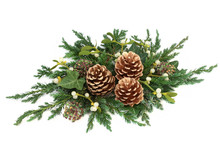 Christmas Floral Decoration With Gold Pine Cones,  Ivy, Mistletoe, Cedar And Juniper Leaf Sprigs On White Background.