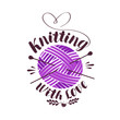 Knitting with love, lettering. Ball of yarn with needles logo or label. Vector illustration