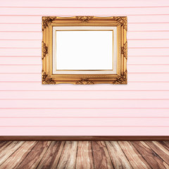 Empty wooden frame on wood wall background.