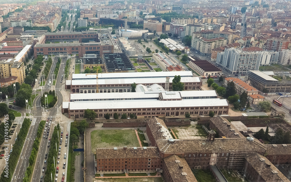 Aerial view of OGR (Officine Grandi Riparazioni) train repair shop in Turin - obrazy, fototapety, plakaty 