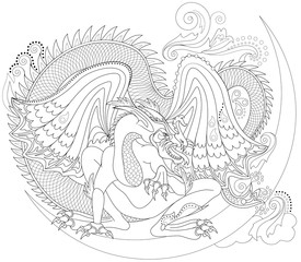 Wall Mural - Black and white page for coloring. Fantasy drawing of Celtic dragon. Worksheet for children and adults. Vector image.