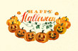 Happy Halloween card made in watercolor drawing, with calligraphy lettering and pumpkins with horror smiles
