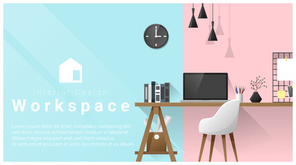 Interior design with Modern workplace background , vector , illustration