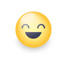 Fun Yellow Cartoon Emoji Face With Smile And Open Eyes. Cute Happy Emoticon. Realistic Smiley.