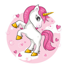 Naklejka cute magical unicorn. vector design on white background. print for t-shirt. romantic hand drawing illustration for children.