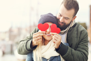 Picture showing happy young couple dating in the city