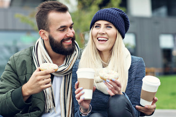 Wall Mural - Picture showing happy young couple dating in the city