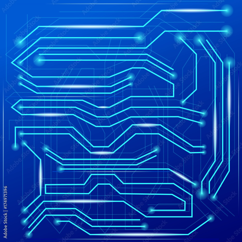 Blue abstract background with high tech circuit board. Microchip background.