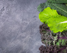 Lettuce Leaves, Kale Cabbage From Right Side Of Grey Background Top View With Copy Space