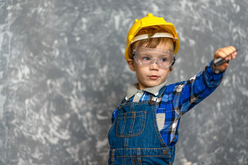 Wall Mural - Boy in hard hat with construction line