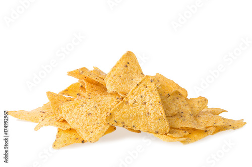 Fotomural A pile of cheese covered tortilla chips isolated on white background