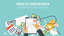 Health care insurance concept. Man fills in the form of health insurance. Flat vector illustration