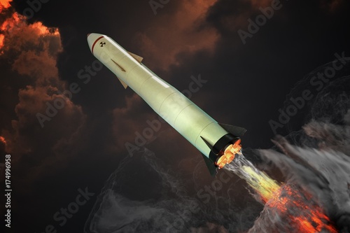 Zdjęcie XXL Uruchomienie pocisku jądrowego. Dużo dymu wokół. 3D odpłacająca się ilustracja.