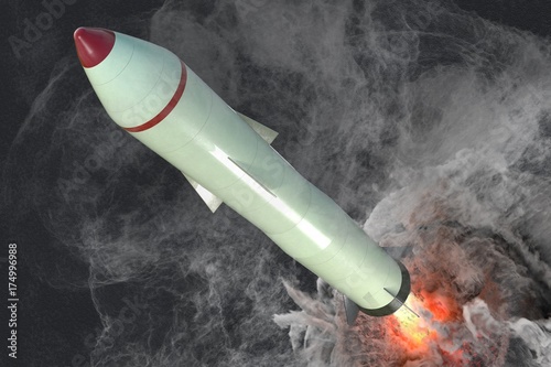 Zdjęcie XXL Uruchomienie pocisku jądrowego. Dużo dymu wokół. 3D odpłacająca się ilustracja.