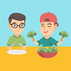 Poster - Happy caucasian boy sitting at the table and eating broccoli with pleasure while his sad brother does not want to eat broccoli. Healthy nutrition for kids. Vector cartoon illustration. Square layout.