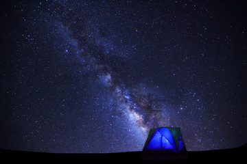 Wall Mural - landscape with milky way galaxy, starry night sky with stars and silhouette of dome tent