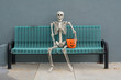 © merrimonc - Halloween Skeleton sitting on bench with jack o'lantern trick or treat bucket