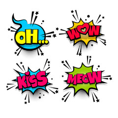 Wall Mural - wow meow kiss love oh set lettering. comics book balloon. bubble icon speech pop art phrase. cartoon