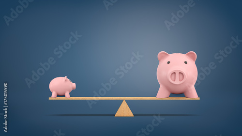 Fotografía 3d rendering of a small piggy bank in side view stands on a wooden seesaw balanced with a large piggy bank in front view