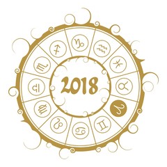 Wall Mural - Astrological symbols in the circle. Aries sign. New Year and Christmas celebration card template. Zodiac circle with 2018 new year number.