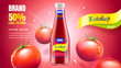 Tomato ketchup ad with bottle with flying fresh tomatoes and water drops on a red background with rays of light, 3d illustration