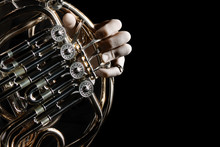 French Horn Instrument. Hands Playing Horn Player