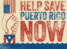 Illustration Urging Hurricane Relief For Puerto Rico. American Hand Pulling Up 
Puerto Rican Hand. Concept Of Helping Or Saving Victims. 