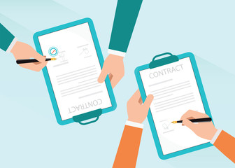 two partners signing paper deal contract .