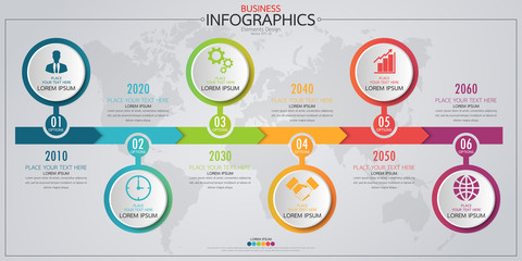 Fototapete - Infographic business horizontal timeline process chart template. Vector modern banner used for presentation and workflow layout diagram, web design. Abstract elements of graph options.