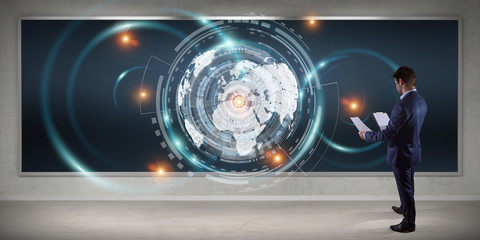 Poster - Businessman using digital planet earth interface on a board 3D rendering