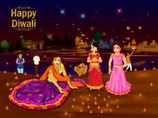 Wall Mural - Indian family people celebrating Diwali festival of India