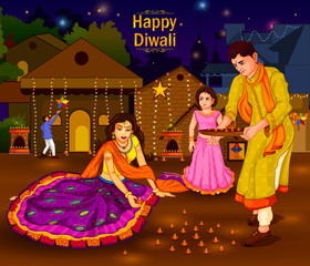 Wall Mural - Indian family people celebrating Diwali festival of India