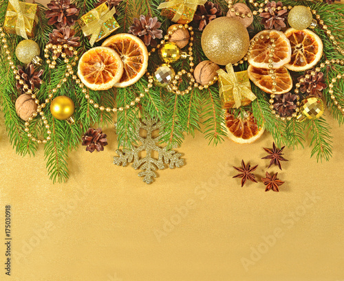 Dried Oranges And Cones Christmas Decorations And Spruse Branch
