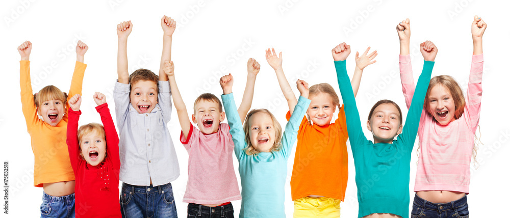 Happiness group children with their hands up - obrazy, fototapety, plakaty 