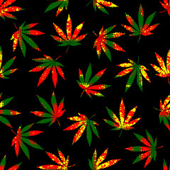 Aufkleber - Seamless background pattern. Grunge abstract pattern with hemp leaves on black background.